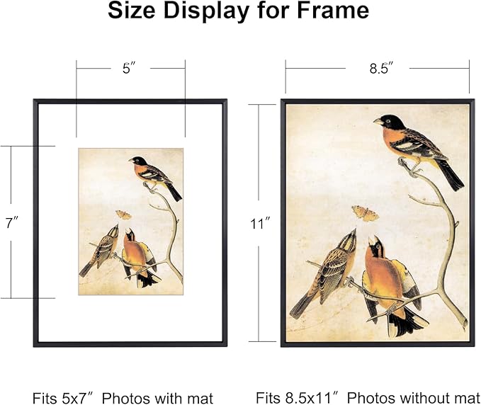 BKABOT 8.5x11 Picture Frame, Black Metal Photo Frames with HD Glass, Fits 5x7 with Mat or 8.5 x 11 without Mat, Display for Wall and Table, 1 Pack