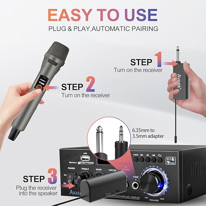 Aveek 4 Packs Wireless Microphone System, Plug & Play Karaoke Microphone Set for Singing, Parties, Church, Weddings, Events, Compatible with Speaker & Amplifier