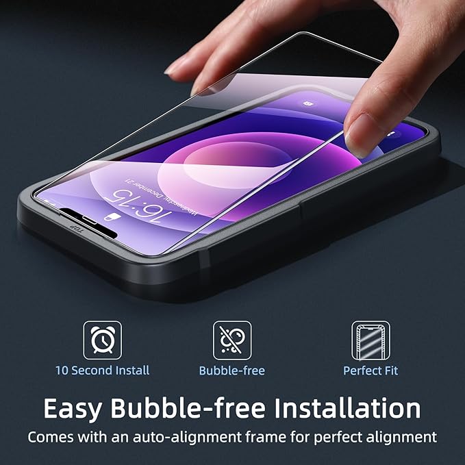 ruwa Screen Protector for iPhone 12/12 Pro [6.1 Inch] [3-Pack] Tempered Glass Film with Easy Installation Frame, Ultra HD, 9H Hardness, Scratch Resistant, Full Coverage, Case Friendly