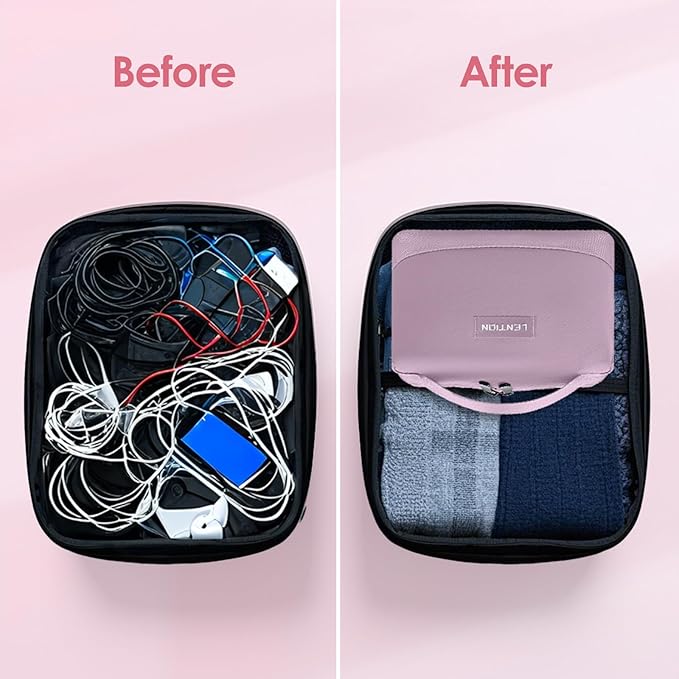 LENTION Premium Electronics Organizer Case with Handle, Large Multi-Compartment Travel Tech Bag for Tablet, Chargers, Cables, AirPods & Toiletries, Waterproof Travel Accessory Organizer (M372 Pink)