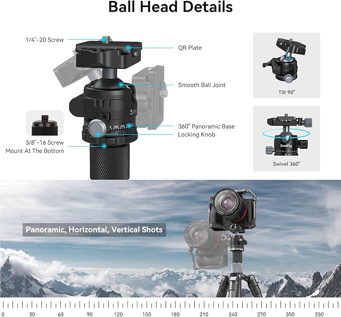 SmallRig AP-20 Carbon Fiber Tripod, 62.2" Camera Tripod Monopod with Center Column, Compact Lightweight Tripods with 360° Ball Head, Payload 26.5 lbs, Quick Release Plate, for DSLR Camera - 4059