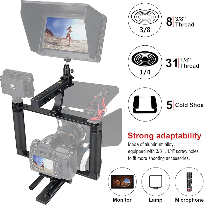 Universal Aluminum Alloy DSLR Mirrorless Camera Camcorder Stabilizer Extension Cage Mount for Mic Monitor Light, Movie Making Rig YouTube Tiktok Vlogging Video Kit w/Phone Holder for Canon Sony Nikon