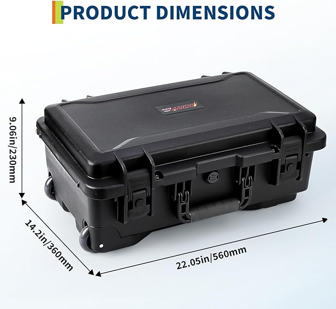 Heavy Duty Waterproof Camera Case for Diving and Outdoor Water Sports – Dustproof, Impact Resistant Dry Box with Padded Dividers, Wheels, 22” x 14” x 9” – Includes Document Bag & Camera Insert
