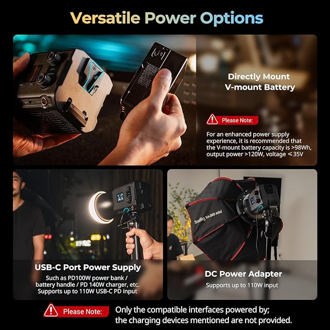 SmallRig RC 100B COB Video Light, 100W Bi-Color 2700K-6500K, Type-C PD Fast Charging, Built-in Battery Plate, with App Control for Photography, Photo Studio, Standard Version (Without Battery) 4893