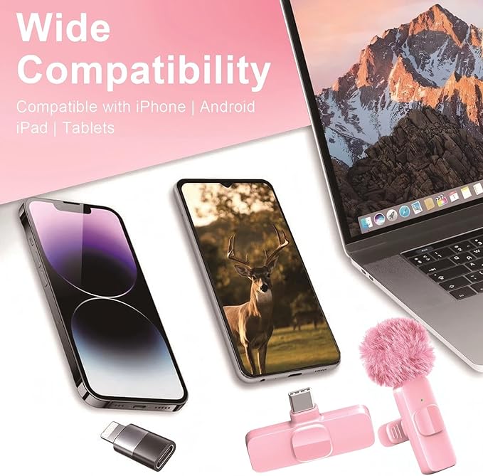 Pink Mini Wireless Microphone, Professional Lavalier Lapel Mic with USB-C & Lightning for iPhone, iPad, Android, iPhone Mic for Crystal Clear Recording, Video Making, Vlogging, Content Creators