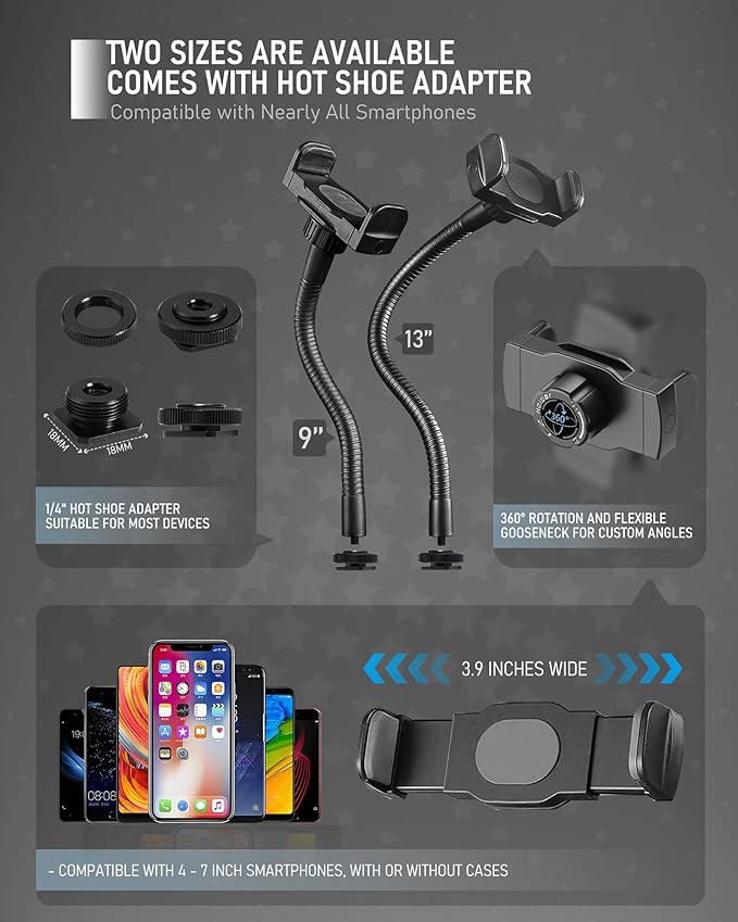KHC1417 Ring Light Phone Holder with Flexible Heavy-Duty Gooseneck Arm – Adjustable Smartphone Mount with Hot Shoe Adapter for Tripods, Camera Mounts, iPhone & Android, 9-INCH
