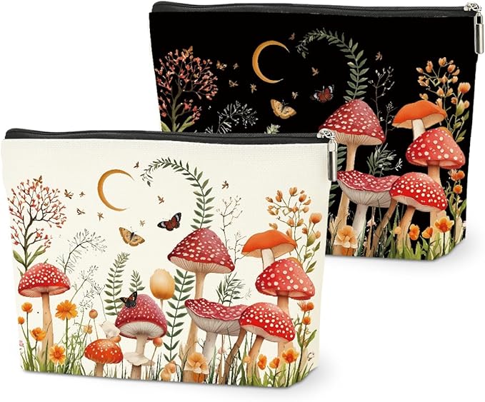 2 PCs Floral Mushroom Makeup Bag Mushroom Gifts Cosmetic Bag, Mushroom Stuff mushroom bag, Mushroom Gift for Women Girls Friends Coworkers Christmas birthday Gifts Botanical Zipper Pouch