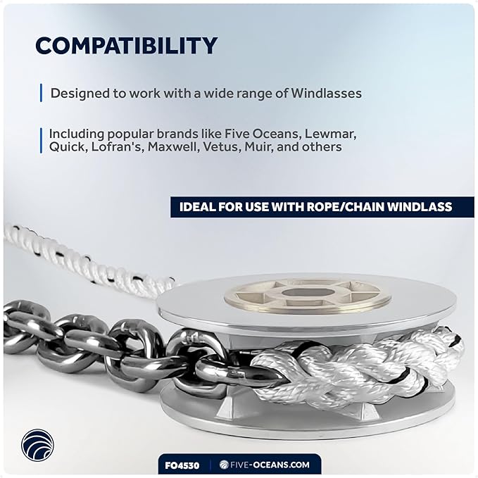 Five Oceans Windlass Anchor Rode, Hand-Spliced Anchor Rope and Chain Combination Kit, Nylon 3-Strand Rope, HT G4 Stainless Steel Chain for Boat Anchor System - Multiple Sizes