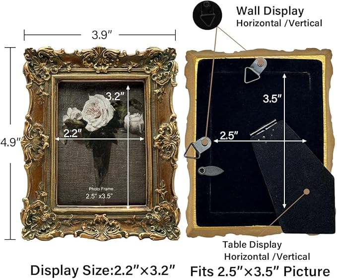 CISOO 2.5x3.5 Vintage Small Picture Frame, Antique Ornate Bronze Gold Wallet Size Photo Frame, for Table Top and Wall Display, Decorative Floral Design Retro Home Decor, Photo Gallery Art