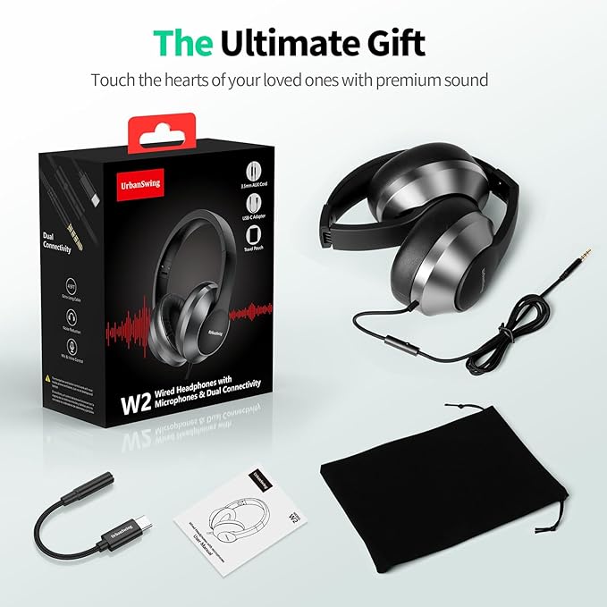 W2 USB C Headphones Wired Over Ear, 3.5mm AUX Plus USB-C Adapter, Wired Headset with Mic, Sturdy 4.9ft Extra-Long Cable for Gaming Consoles, iPhone 16, iPad & Tablets, Foldable with Pouch