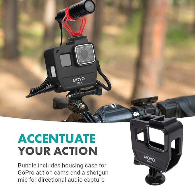 Movo GPR-5 GoPro Case with Microphone for Camera - for GoPro Hero 5, 6, 7 - Includes VXR10 Microphone for iPhone, Android, Camera - Shoe Mount for Shotgun Mic - GoPro Mic Adapter Not Included