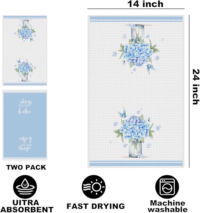 2Pcs Hydrangea Bouquet Kitchen Towels, 24x14 Inch Spring Butterfly Waffle Hand Towels for Kitchen Farmhouse Decor, Absorbent Durable Microfiber Dish Cloth Tea Towel, Home Gifts for Women Mom