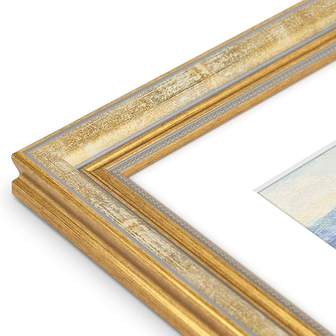 Golden State Art,9x12 Ornate Picture Frame for 6x8 Photo with Mat or 9 x 12 Prints without Mat, Real Glass Wall Display Horizontally or Vertically (Color:Vintage Gold)