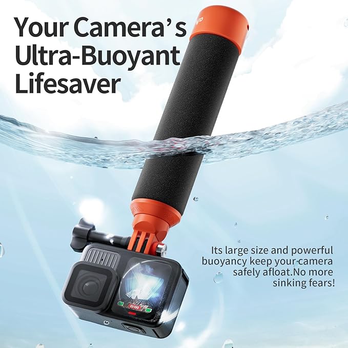 Floating Hand Grip for Insta360/DJI/GoPro Action Cameras with Adjustable Wrist Strap, 3-Claw & 1/4" Screw Mounts, Bright Orange Float