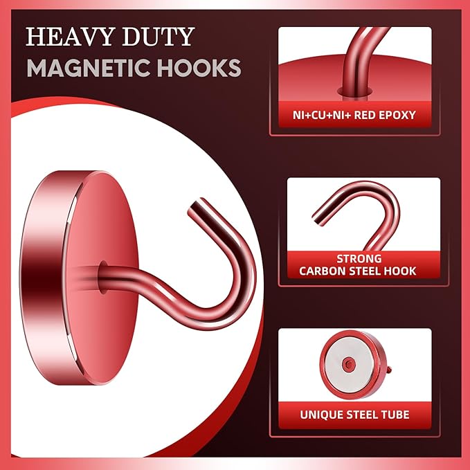 Neosmuk Magnetic Hooks, Cruise Ship Essentials, 100lb+ Heavy Duty Magnetic Hooks for Cruise Cabins, Refrigerator, Grill, Hanging, and Travel | Extra Strong Must-Haves Magnet Hook,Red, 5 Pack