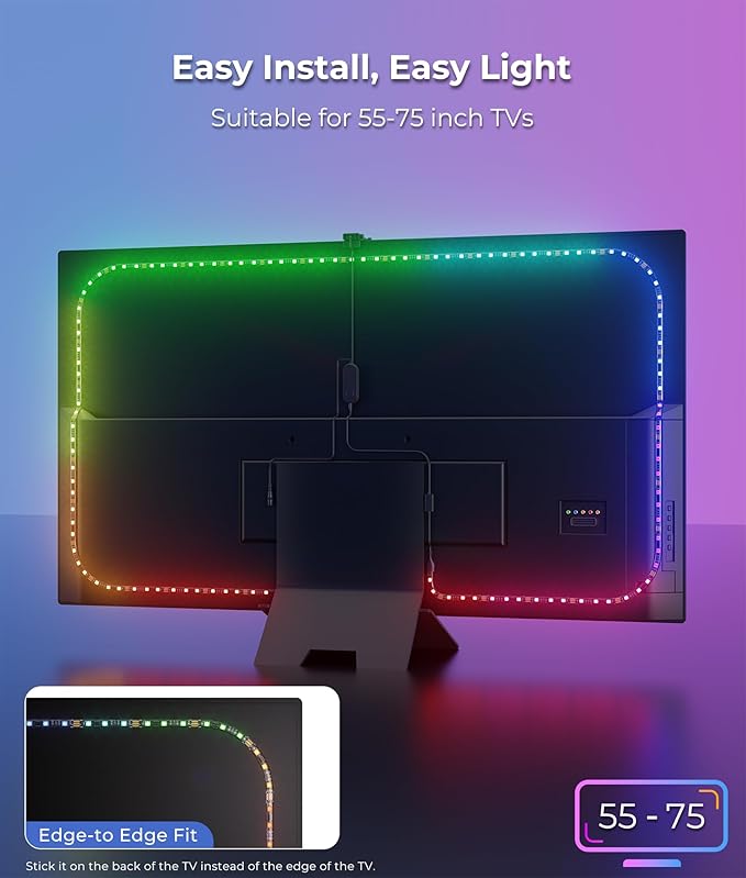 LED TV Backlight 11.5ft - TV Lights That Change with Screen for 55-65'' RGB LED Strip Lights Cuttable with Smart App Control Game & Music Sync Color Changing Light for Holiday Decor