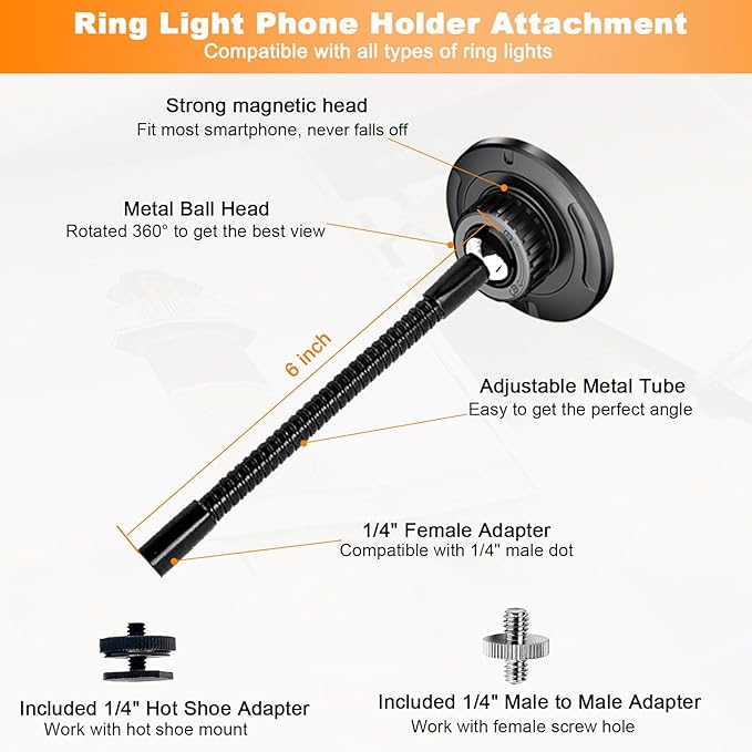 Ring Light Phone Holder Attachment, Strong Magnetic Phone Holder for Ring Light and Tripod Stand, Flexible Cell Phones Tripod Mount Adapter for MagSafe iPhone 16 15 14 13 12 Series and Android Phones
