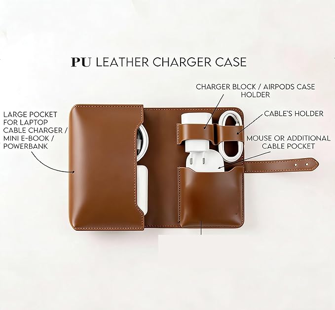 Vintage Pu leather Electronic organizer travel case,cord organizer travel, Leather charger shortage for essentials mouse, adapter, cables (vintage brown)