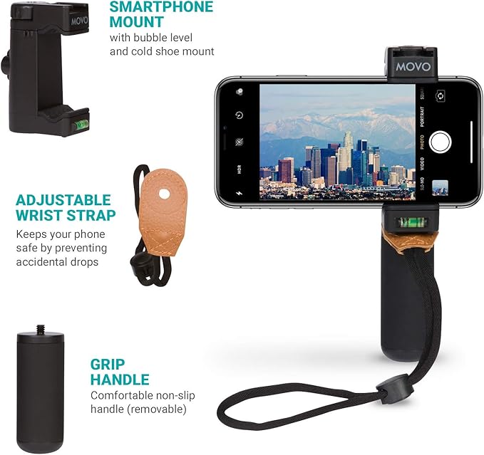 Movo PR-1 Smartphone Grip Handle Rig with Wrist Strap, Tripod Mount and Cold Shoe Mount for Lights and Microphones - for iPhone, Samsung, HTC, LG, Google, Android