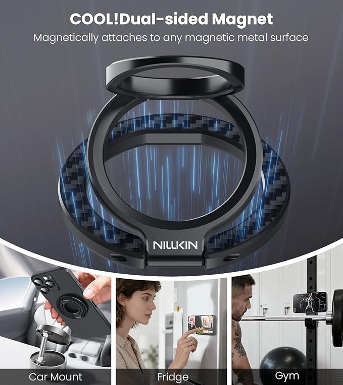 Nillkin MagSafe Phone Grip Ring Holder for Dual-Sided Magnet, Removable Magnetic Phone Ring Holder for iPhone 17/16/Pixel Snap Grip, Carbon Fiber, MagSafe Ring Stand, Accessories for iPhone, Black ﻿