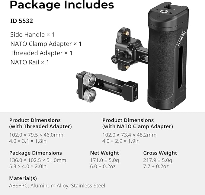 SmallRig Lightweight Mini Side Handle Kit with 1/4"-20 Threaded Holes & NATO Clamp, Load Capacity Up to 10kg / 22lbs, Ergonomic Camera Handle for Left or Right Hand, Up and Down Adjustable