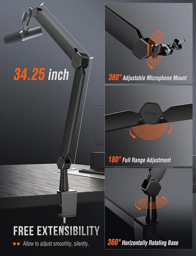 FIFINE Mic Arm Stand, Microphone Boom Arm with Desk Clamp, Cable Channels, 3/8" to 5/8" Threads, Heavy Metal Microphone Stand for Podcast, Vocal Recording, Gaming-BM66 Black