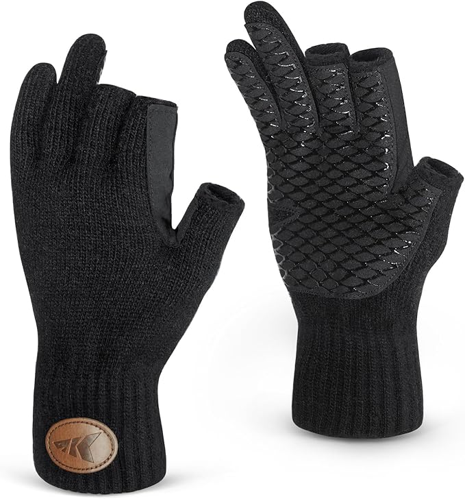 KastKing Bully Wooly 3-Cut Fingerless Wool Fishing Gloves, Cold Weather Warm Winter Gloves for Men & Women, Ice Fishing