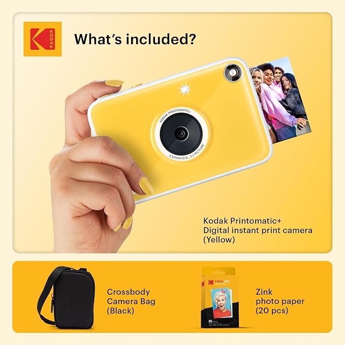 Kodak Printomatic+ Instant Print Digital Camera Starter Bundle + Carrying Case + Zink 20pk Sticky-Back Photo Paper - 10MP, Full-Color Photos, GB LED Status Indicator - Yellow