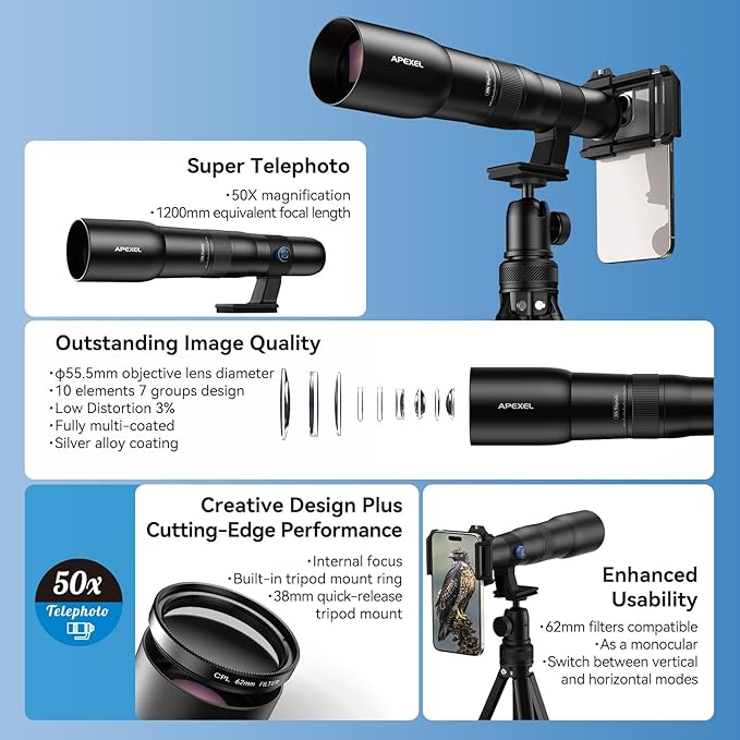 APEXEL 50x Telephoto Lens for iPhone & Android Phones | Wildlife Moon Photography Monocular Telescope | with Universal Clip & Tripod | High-Definition Optical Zoom Lens for Landscapes Target Viewing