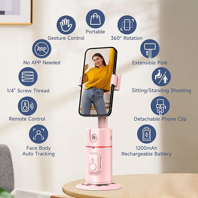Auto Face Tracking Phone Holder, Gesture Control & Remote, Face Tracking Tripod 360 Rotation Body Phone Camera Mount Smart Shooting Holder, Cell Phone Selfie Stick Tripod, Expandable Pole (Pink)