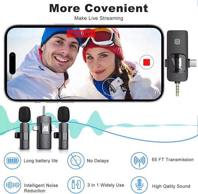 Aarkani Wireless Lavalier Microphone 3-in-1 for iPhone, Android, DSLR Camera – Dual Mic Set with Receiver (Lightning, USB-C, 3.5mm), Plug & Play for Video Recording, YouTube, Vlog, Interview