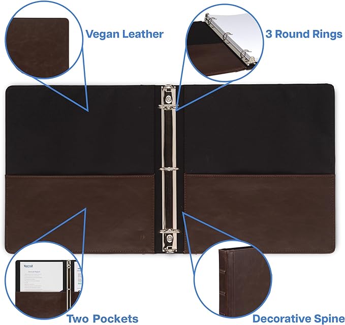 Samsill Vintage Leather Binder, 1.5 Inch Round Ring (Holds 325 Sheets), Letter Size 8.5x11 Documents, Professional Organizer Portfolio, Planner, No Zipper, Brown