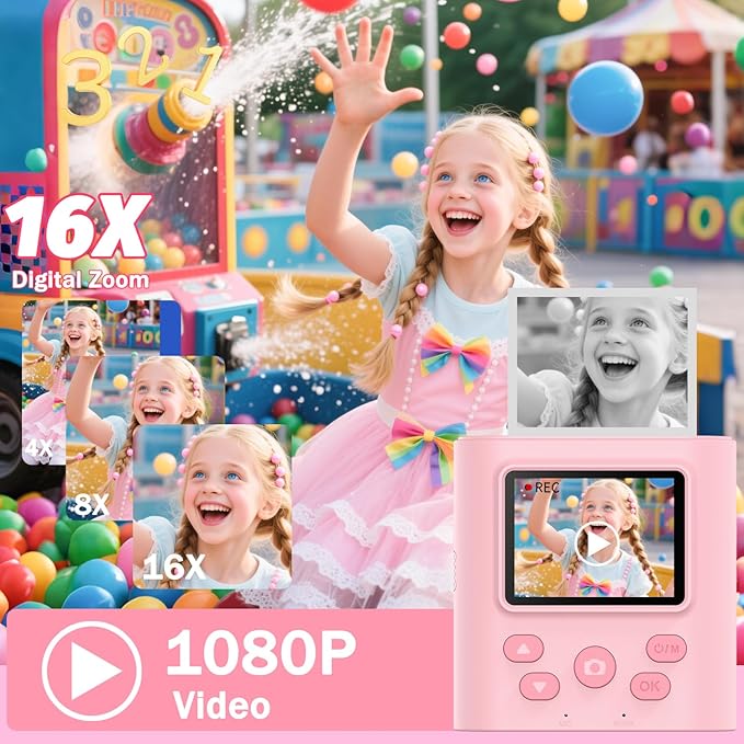 Zicor Kids Camera Instant Print for 3-12 Year Olds, HD Digital Instant Print Camera for Boys & Girls, Ideal Christmas Birthday Gift with 32GB SD Card, Easy to Use - Pink