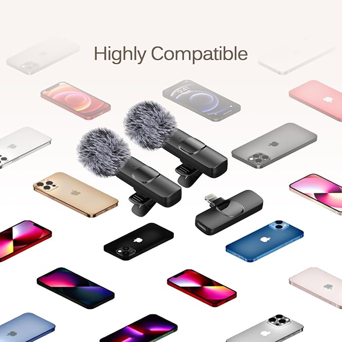 Professional Wireless Lavalier Lapel Microphone for iPhone, iPad, Mini Video Recording Mic for Interview Video Podcast Vlog YouTube & Livestream, Noise Reduction, Plug & Play ，2 Pack (Lightning Port)