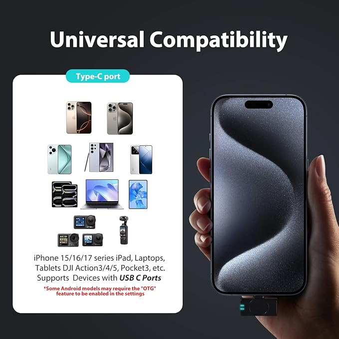 Mini Microphone for iPhone 15 16 17/Android/Tablets with USB C Plug,Wireless Lavalier Microphone with Charging case,30H Battery Life,Noise Reduction,Clip-on Mic for Video Recording,YouTube,TikTok
