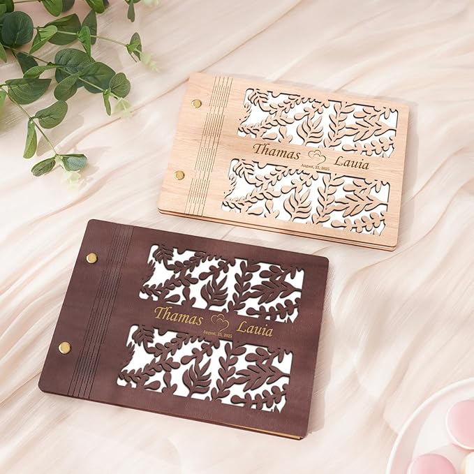 Custom Wedding Scrapbook Album, Personalized Wooden Wedding Photo Albums Carved Flowers and Engraved Names, Anniversary Memory Birthday Engagement Keepsake Gifts