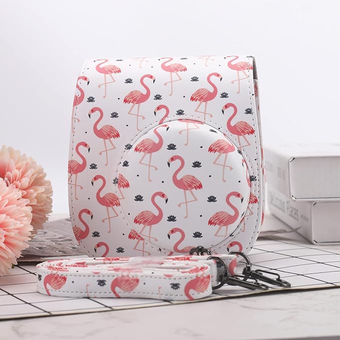 Frankmate Protective Case Compatible with Fujifilm Instax Mini 12 11 9 8 Instant Film Camera with Pocket and Adjustable Strap (Pink Flamingo)