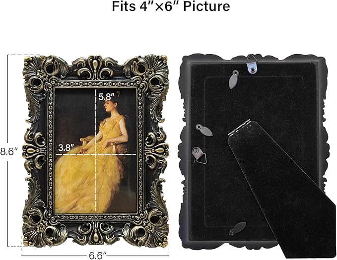 CISOO 4x6 Vintage Picture Frame Antique Ornate Black and Gold Photo Frame, for Table Top and Wall Display, Decorative Floral Design Retro Home Decor, Photo Gallery Art