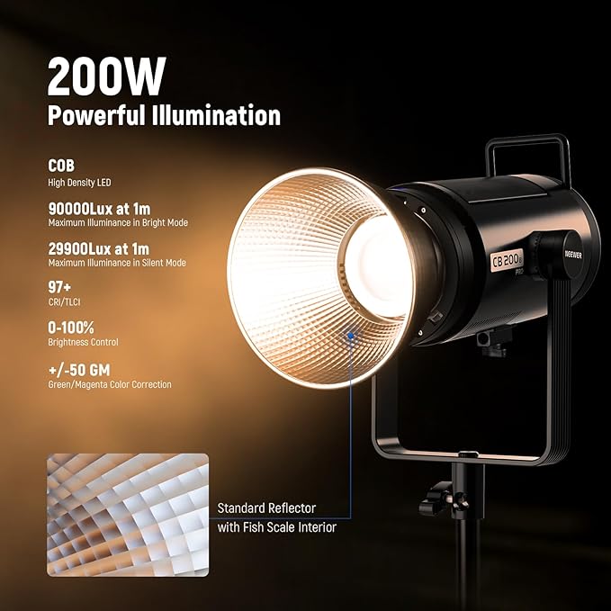 NEEWER 210W COB LED Video Light with 2.4G/APP Control, 2700K-6500K Bi Color Continuous Output Lighting Studio Photography Recording with Bowens Mount, 90000lux/1m, CRI/TLCI97+, GM ±50, CB200B PRO