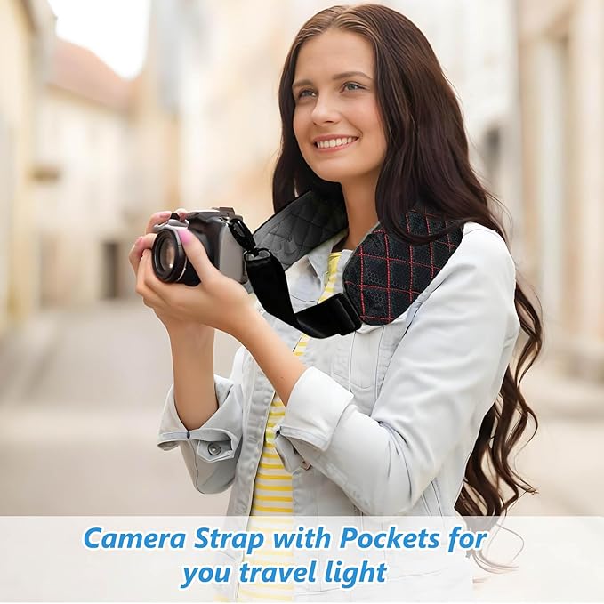 LONPAI Ultra Comfortable Camera Strap with Pockets and Thick Padded for Photographers, Adjustable Universal Cam Neck Belt