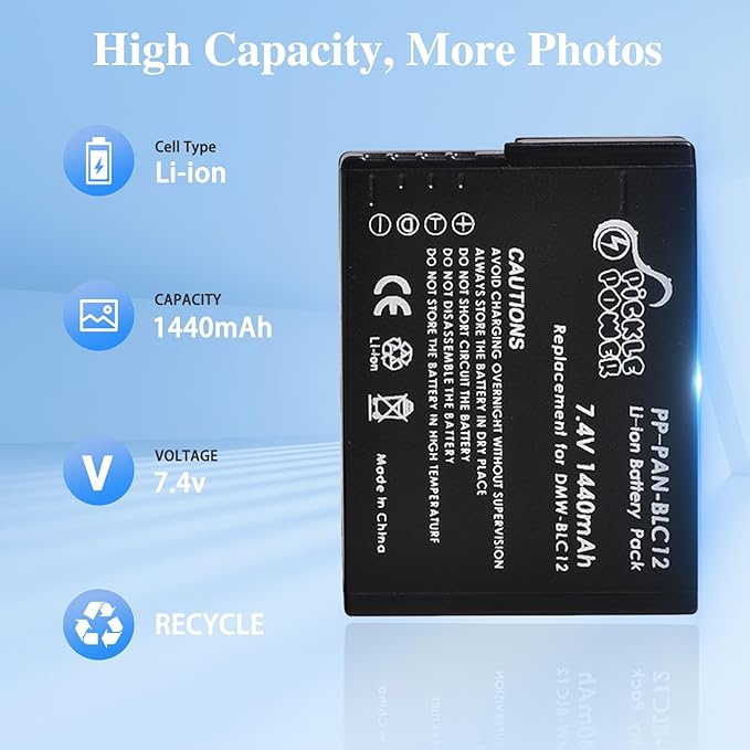 Pickle Power DMW-BLC12 DMW-BLC12PP Battery 2 Pack and Charger for Panasonic Lumix G7 G85 DMC-FZ1000,DC-FZ1000 II, DMC-FZ300, DMC-GH2, DMC-G5, DMC-G6, DMC-GX8, DMC-FZ200, DMC-FZ2500 Cameras