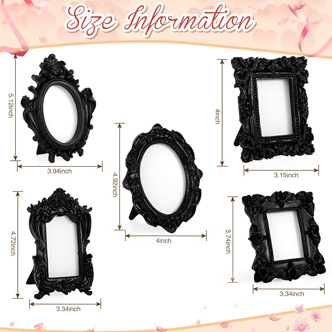 Maitys 25 Pcs Mini Picture Vintage Frames with Stands Tiny Antique Photo Baroque Ornate Resin Oval Frame Table Top Display Home Wedding Decor (Black)