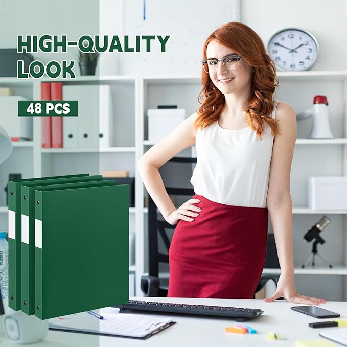 Henoyso 48 Pcs 3 Ring Binder 1/2'' Round Fits Letter Size 8.5'' x 11'' Paper Plastic Flexible Binder Holds 140 Sheets with 1 Pockets Versatile Organizer for Home Office School (Dark Green)