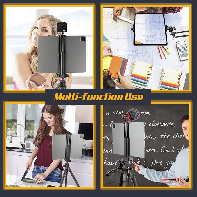 iPad Tripod Mount Adapter with Cold Shoe/Charging Port/1/4” Standard Screw, Universal Phone Holder Compatible with iPad 12.9”/Air/Mini/Galaxy Tablet/iPhone 13 Pro Max/12/11/Samsung for Shooting/Vlog
