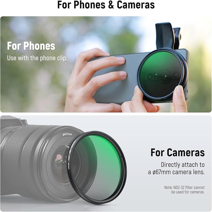 NEEWER 67mm Variable ND Filter Set Compatible with Android, 3 Pack Clip On CPL Circular Polarizing + ND2-32 + Black Diffusion 1/4 Phone Camera Lens Filter Photography Accessories Kit, FL-B38