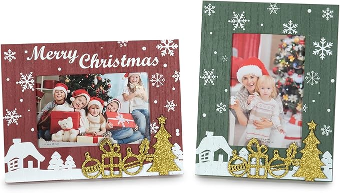 kennethan Christmas Red&Green Frame 4x6 Picture Frame with Gold Christmas Tree Decoration 2 Pack Wooden Frame with Glass can Display 4x6 Picture on the Table