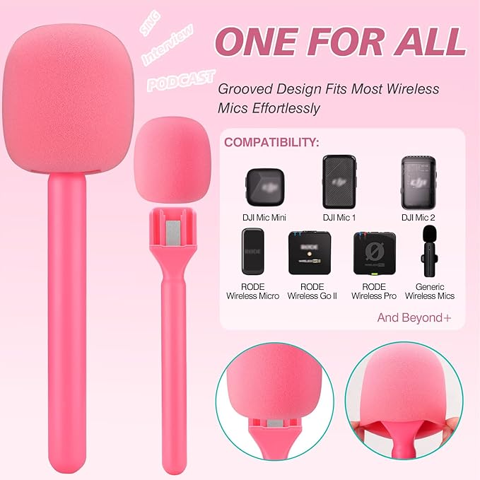 Facmogu Handheld Wireless Mic Stand with 3PCS Foam Cover, Handle for DJI RODE Microphone, Microphone Handle Handheld for Rode Wireless Go II/Pro/More Wireless Mics - Pink