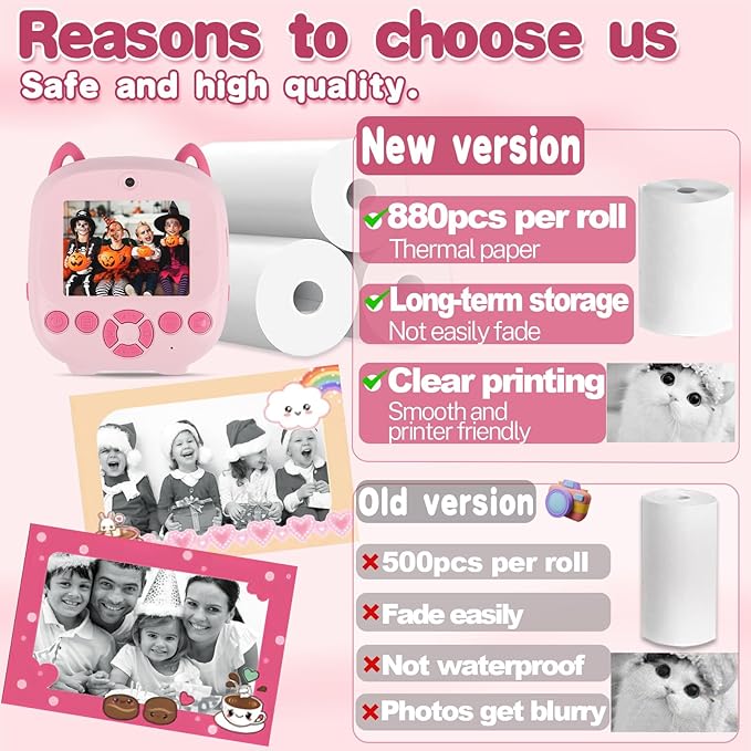 880 Pcs/10 Rolls Premium Kids Instant Camera Refill Print Paper, 2.2x1.18Inch(57X30mm), Thermal Paper Roll Refill for Most Kid Camera, HD Printing Waterproof Non-Sticky(10 roll)
