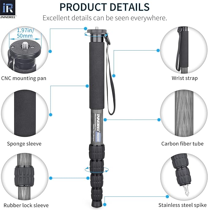 Carbon Fiber Camera Monopod INNOREL RM325C Professional Portable Compact Lightweight Travel 5-Section Monopod for Canon Nikon Sony DSLR Camera Video Camcorder DV Photography Bracket Load 26lbs/12kg