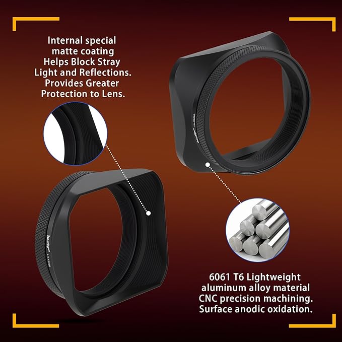 Haoge LH-X200B Square Metal Lens Hood with 49mm Adapter Ring Metal Cap for Fujifilm X100VI x-100vi x100v x100f x100t x100s Fuji Photo Camera Accessories Black